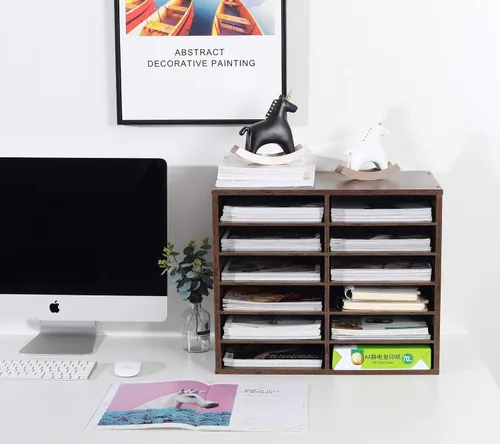 Vista 2 de TQVAI Organizador de literatura de madera, 12 ranuras para 6000 hojas de papel A4, organizador de almacenamiento de archivos de papel de escritorio