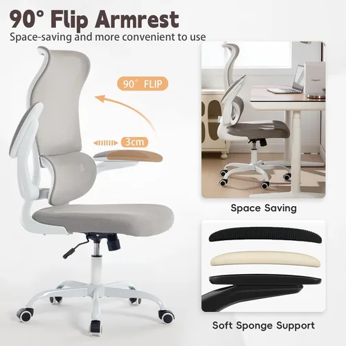 Vista 7 de Silla de oficina ergonómica, silla de escritorio de malla transpirable con respaldo alto para computadora con soporte lumbar ajustable y Blanco