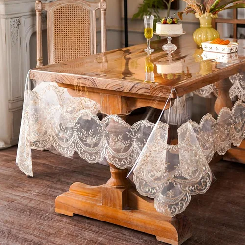 Vista 14 de ARTABLE Mantel rectangular de vinilo de PVC, impermeable, transparente, con borde de macramé de encaje champán, para boda, cocina, hogar