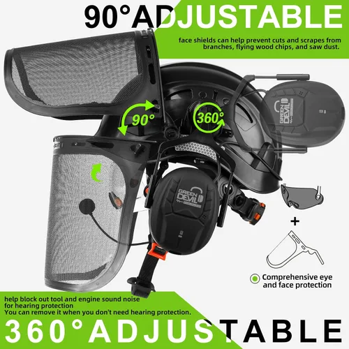 Vista 4 de Casco de seguridad para motosierra forestal GREEN DEVIL con orejeras Bluetooth Casco de arborista Casco duro con visera incorporada Protector facial