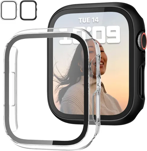 Vista 38 de JZK - 2 fundas con protector de pantalla de vidrio templado para Apple Watch Series 3/2/1 de 38 mm, ultradelgadas, de cobertura completa Negro/Negro