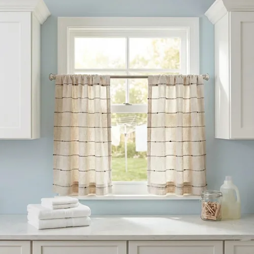 Vista 2 de Piper Classics Farmcloth Stripe Tiers, Set/2, 24 pulgadas de largo x 36 W, granja rústica, crema natural con rayas negras, cortinas de café