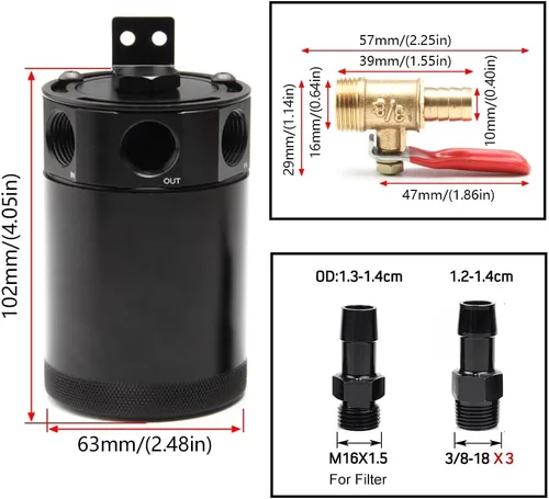 Vista 2 de Kit universal de tanque de reserva de aceite para coche de 150ml, compacto deflector de 3 puertos separador de aceite 2 entradas 1 salida negro