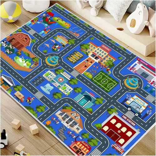 Vista 12 de Alfombra de coche de carretera para niños, 31 x 47 pulgadas, alfombra de pista de carreras de ciudad, alfombra de carreras para niños, alfombra