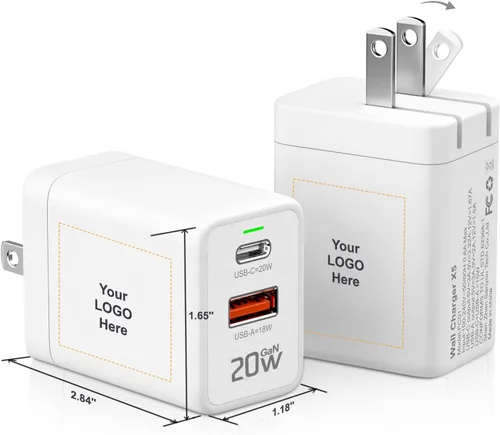 Vista 6 de Bloque de cargador USB C personalizado, 10-500 unidades, cargador compacto de 20 W de 2 puertos con enchufe plegable para iPhone serie 17/16, Galaxy