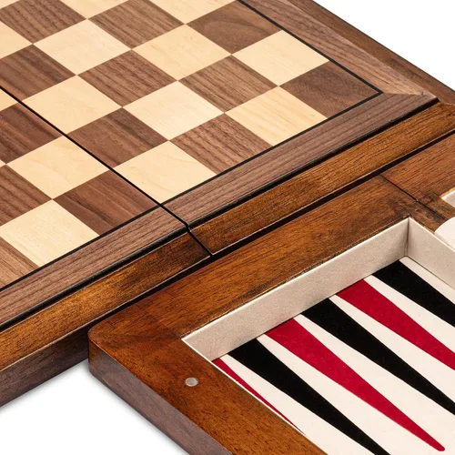 Vista 9 de 15.5'' Deluxe Solid Wood 3-in-1 Chess Set: Portable Chess, Backgammon, and Checkers with Hollow Handle Box, Folding Board for Travel, Suitable for