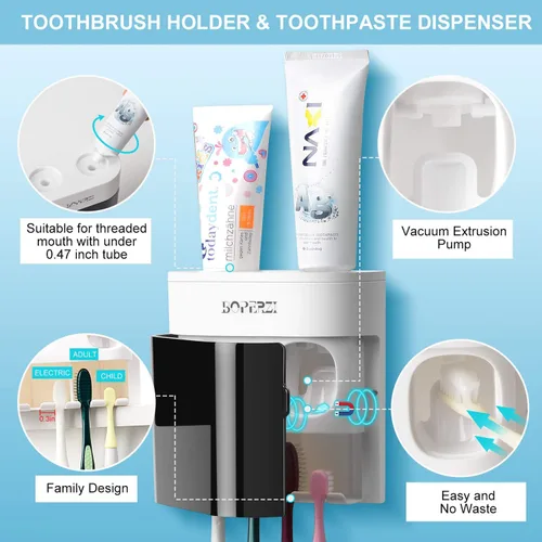 Vista 3 de Boperzi Soporte para cepillo de dientes con cubierta a prueba de polvo montado en la pared Dispensador automático para baño con ducha Juego con 2