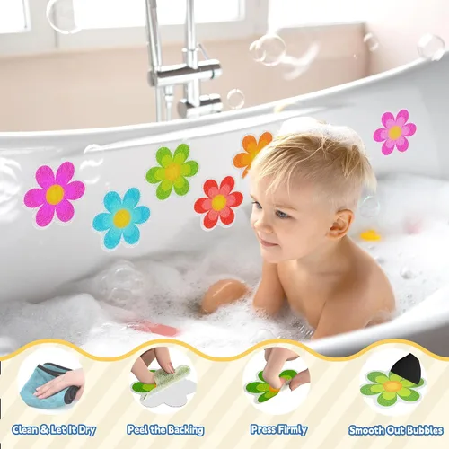 Vista 4 de Secopad 10 calcomanías antideslizantes para bañera de flores con raspador, multicolor