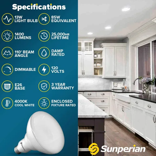Vista 7 de SUNPERIAN BR40 Bombillas LED, 13 W = 85 W, 4000 K blanco frío, 1400 lúmenes, bombillas de inundación regulables para latas empotradas, clasificación