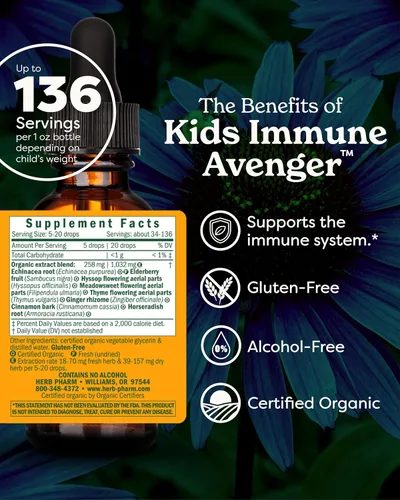 Vista 2 de Herb Pharm Kids Fórmula Herbal Vengador Inmune Certificado-Orgánico Sin Alcohol, 1 Onza