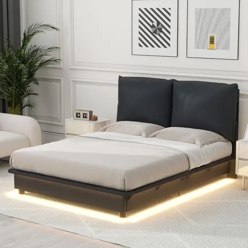 Vista 42 de Cama de plataforma flotante, marco de cama de madera tamaño individual con rayas claras, tela de lino suave y cabecera de diseño capitoné