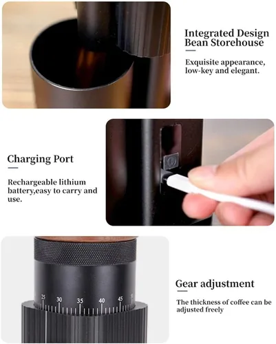 Vista 3 de Molinillo de café eléctrico recargable de acero inoxidable rebaba ajustable regalo portátil Navidad USB recargable