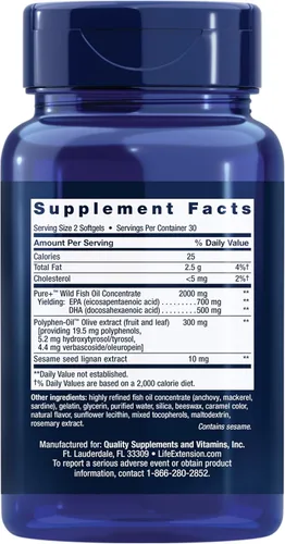 Vista 2 de Life Extension Aceite de pescado Super Omega-3 EPA/DHA, lignanos de sésamo y extracto de oliva. Salud cardíaca, salud cerebral, apoyo para la salud