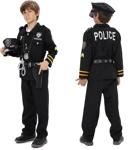 Vista 2 de Disfraz de oficial de policía para niños, disfraz de policía para niños, camisa de policía, pantalones, sombrero, cinturón, fiesta de cosplay