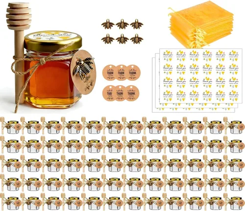 Vista 8 de Mini tarros de miel, 1.5 onzas de cristal hexagonal con goteros, abalorios de abeja, bolsas de regalo de organza y calcomanías, perfecto