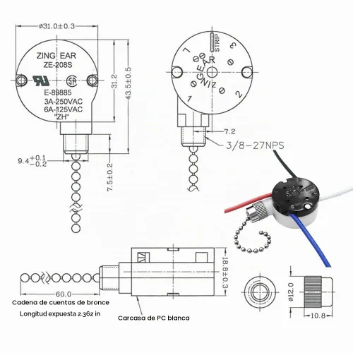 Vista 4 de Interruptor de cadena para ventilador de techo, Zing Ear ZE-208s E89885, interruptor de luz de cadena de 4 cables de 3 velocidades con 4 cables
