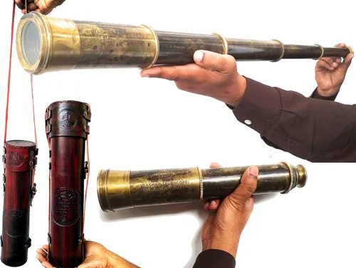Vista 7 de Raro telescopio de latón y catalejo - East India Company 1818 Tracker Vintage Catalejo pirata antiguo grande en caja de regalo de cuero cosido a