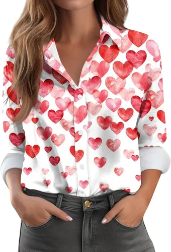 Vista 7 de Camisetas de San Valentín para mujer, camisas con botones, blusas de corazón, elegantes, informales, cuello de solapa, manga larga, suave, cómoda