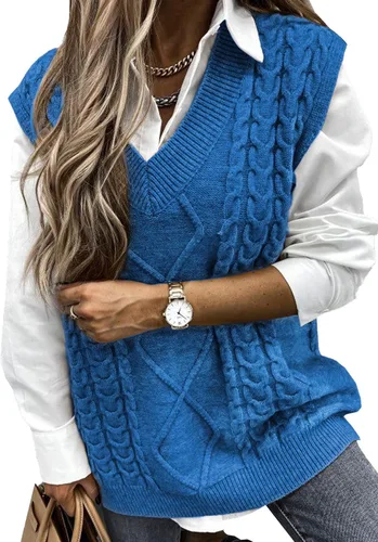 Vista 33 de EVALESS Chaleco Suéter de Gran Tamaño para Mujeres Cuello en V Sin Mangas Color Sólido Suéter Pullover Suelto 1 caqui.