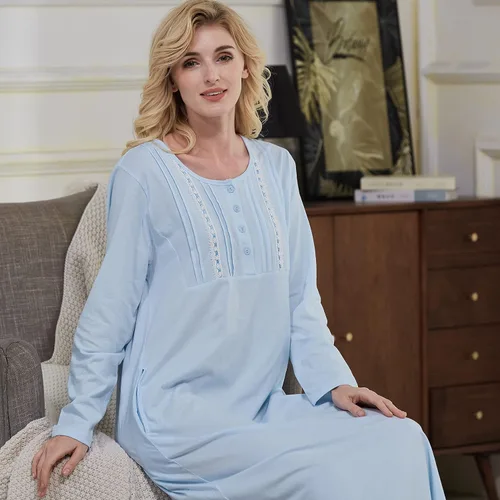 Vista 4 de Keyocean Camisones para mujer con bolsillos, 100% algodón, suave, ligero, manga larga, camisón para mujer
