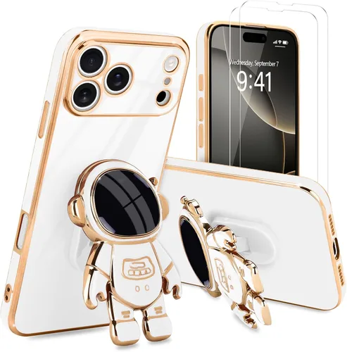 Vista 19 de Pepmune - Funda para iPhone 15 con soporte de astronauta 3D, color negro [2 Screen Protector], Luxury Electroplated Soft TPU Cover with Kickstand