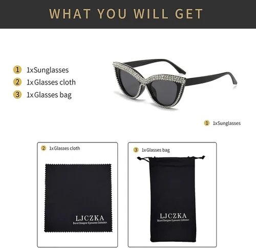 Vista 5 de LJCZKA Diamond Cat Eye Sunglasses Women Retro Jeweled Rhinestone Sun Glasses Sparkle Crystal Pearl Luxury Bling Eyewear