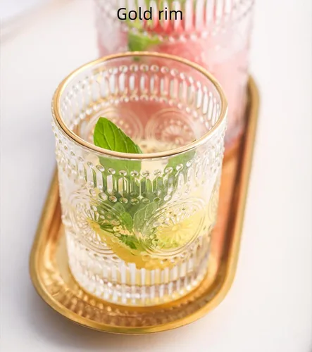 Vista 3 de Juego de 2 vasos vintage de 10 onzas para beber de cristal transparente, bonitas tazas de vidrio con girasol en relieve para café helado, té, jugo