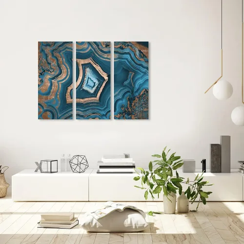 Vista 3 de The Oliver Gal Artist - Arte de pared abstracto de geoda azul y verde azulado con cristales dorados de tres piezas, arte de pared de 3 paneles azul