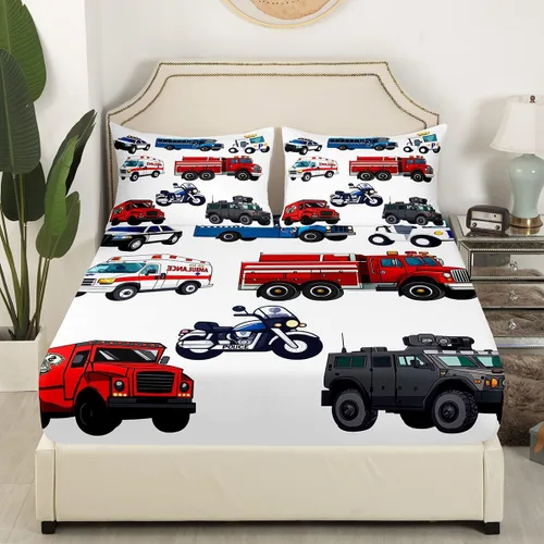 Vista 3 de Erosebridal Juego de sábanas de coche de policía para niños, tamaño individual, camión de bomberos, ambulancia, juego de sábanas de dibujos animados