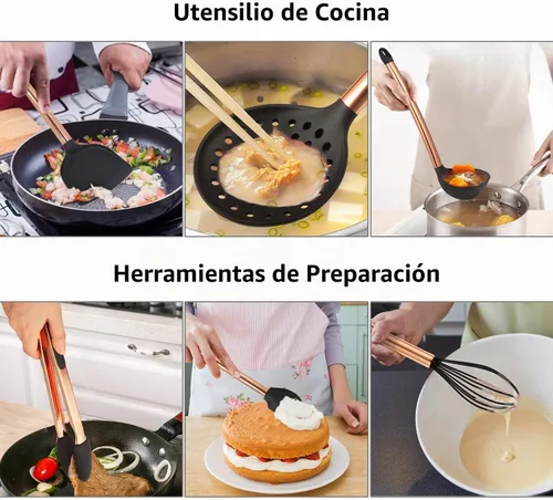 Vista 7 de MIBOTE Juego de utensilios de cocina de silicona, mango de madera, café