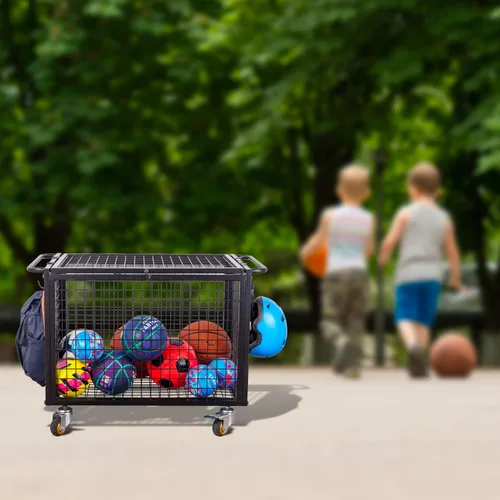 Vista 3 de MyGift Carrito de almacenamiento de pelotas deportivas de metal negro para parque infantil, Dodge Ball, baloncesto, pelota de fútbol, canasta