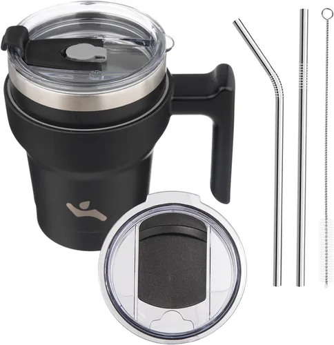 Vista 18 de Konokyo - Vaso de 10 onzas con asa y 2 popotes, 2 tapas, botella de agua aislada de acero inoxidable, taza de viaje reutilizable, color verde militar