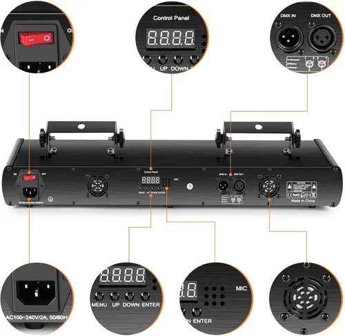 Vista 4 de U`King - Luz láser de DJ, 5 efectos de haz de luz, luces de fiesta de DJ activadas por sonido, espectáculo de luz láser RGBYC LED con control DMX