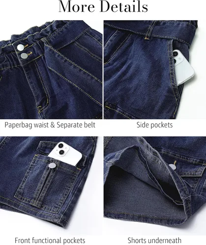 Vista 5 de luvamia Faldas de mezclilla para mujer, pantalones cortos de mezclilla de cintura alta con bolsillos, casual, lindo, cinturón de verano, falda