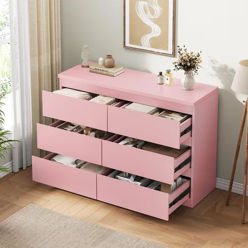 Vista 6 de Jocoevol Cómoda moderna rosa con 6 cajones, cómoda para dormitorio, armario, sala de estar, pasillo, entrada, cómoda doble de almacenamiento