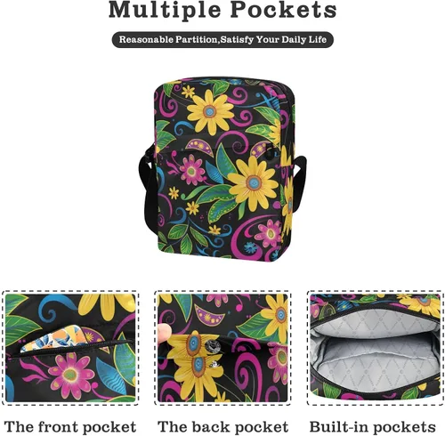 Vista 2 de Black Vintage Daisy cute messenger bag Crossbody Bags For Women Small Womens Crossbody Purses Ladies Shoulder Handbags Adjustable Strap for Travel