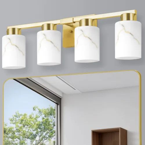 Vista 31 de Juego de 2 apliques de pared dorados con pantalla de vidrio de mármol, accesorios modernos de tocador de baño para dormitorio, pasillo, entrada