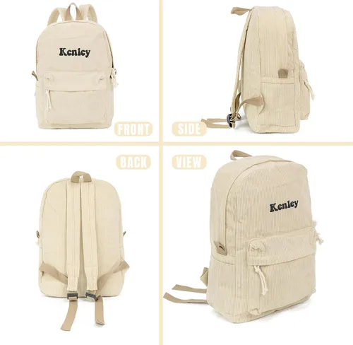 Vista 3 de Mochila de pana personalizada Mochila universitaria personalizada con nombre, Caqui, Casual