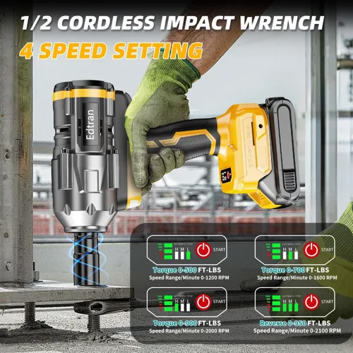 Vista 5 de Llave de impacto inalámbrica 1/2 para batería Dewalt de 20 V, destornillador de impacto sin escobillas de 1500 Nm/1106 pies-libras, herramienta