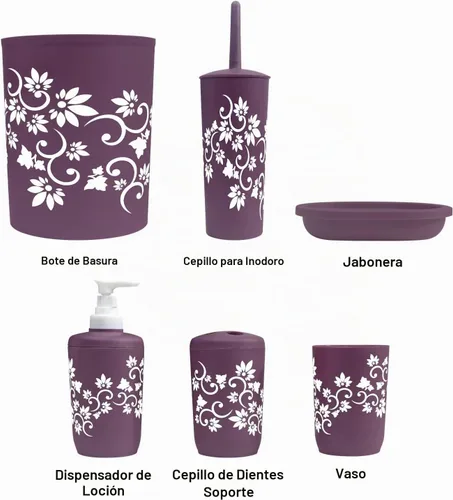 Vista 3 de Blue Donuts Juego de accesorios de baño completo, cepillo y soporte para inodoro, basura, soporte para cepillos de dientes, morado, 6 piezas