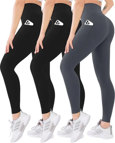 Vista 37 de Blisset - Paquete de 3 leggings de cintura alta para mujer con bolsillos, pantalones suaves y activos para control de abdomen, ideales para yoga