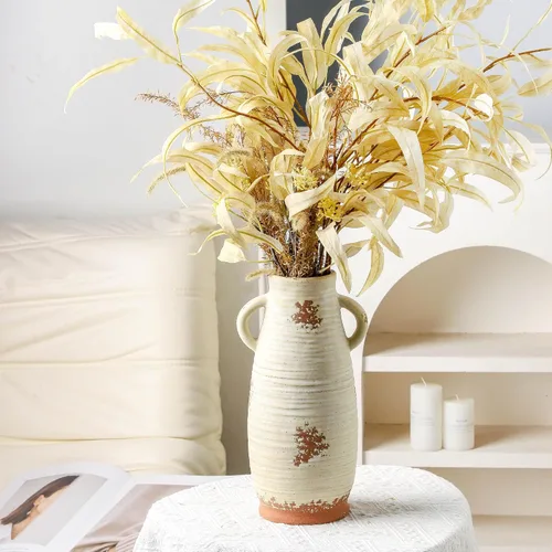 Vista 9 de Jarrón de cerámica de granja con 2 asas, jarrón decorativo boho para decoración del hogar, sala de estar, entrada, mesa, decoración de estante, 24 cm