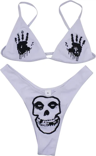 Vista 15 de AIBEARTY Traje de baño de dos piezas con estampado de calaveras para mujer, conjunto de bikini triangular de corte alto para fiesta, festival Negro