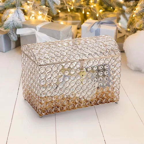 Vista 4 de ELLDOO Caja de tarjetas de boda de cristal con cierre de corazón, 12.6 x 6.3 x 9.4 pulgadas, caja de tarjetas de dinero estilo cofre del tesoro