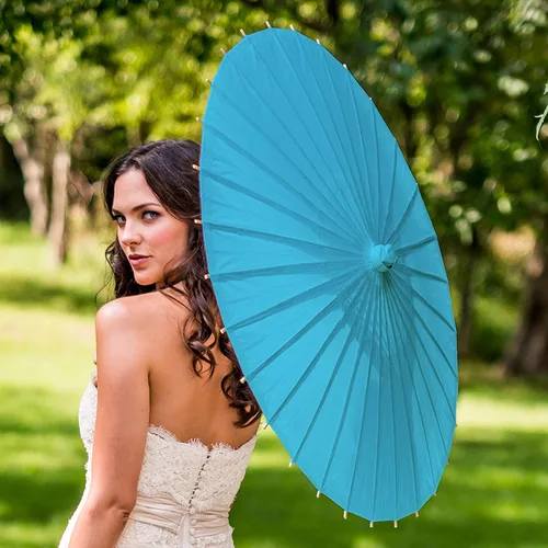 Vista 2 de Weddingstar Parasol de papel con deshuesado de bambú, Azul Caribe