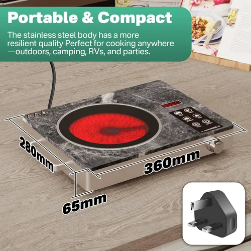 Vista 6 de 3500W Single Ceramic Hob with Marble Finish, Portable Infrared Hot Plate with Rotary Control, Safety Lock & Timer, Electric Cooker Compatible with