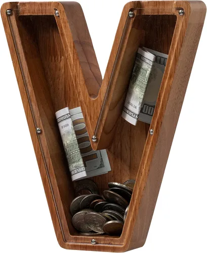 Vista 9 de Alcancía para niños y niñas, alcancía de madera con letra grande del alfabeto con inicial A, banco de monedas, regalos divertidos para cumpleaños