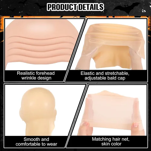 Vista 2 de WILLBOND 4 piezas de gorras calvas de Halloween para maquillaje de látex calvo, gorra para cabeza, peluca, sombrero, accesorios de disfraz