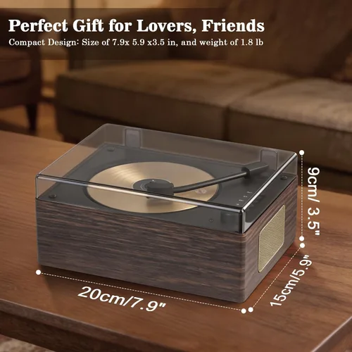 Vista 6 de Reproductor de CD de grano de madera de nogal con Bluetooth 5.3 - Reproductor de música de escritorio retro, altavoces de alta fidelidad duales