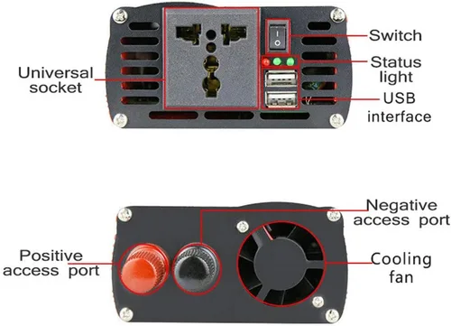 Vista 4 de Inversor – Inversor de 3000 W de 12 V/24 V a 110 V/230 – Inversor solar – Enchufe de CA universal internacional de seguridad 2 puertos de carga USB